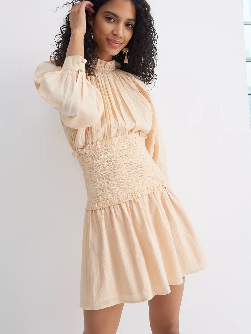 Anthropologie Cleobella Magda Smocked Mini Dress Cream Tan Medium